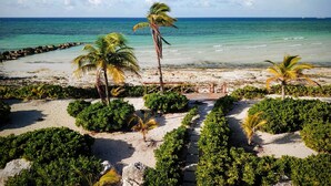 A beach with palm trees, a wooden walkway, and a view of the ocean. - GoldenEye Estates!- GoldenEye + Palm Villas (Freeport)