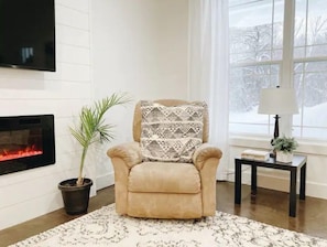 Smart TV, fireplace, books