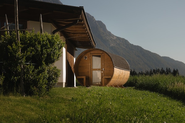 A wooden cabin with a door, a wooden structure with a sloped roof, and a mountain in the background.