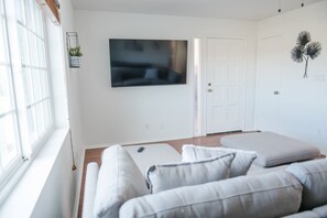 Smart TV, fireplace, books