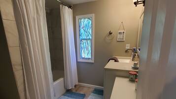 Hair dryer, towels, soap, shampoo