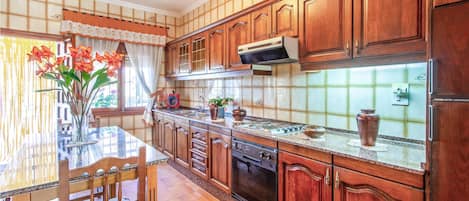 Fridge, stovetop, dishwasher, coffee/tea maker