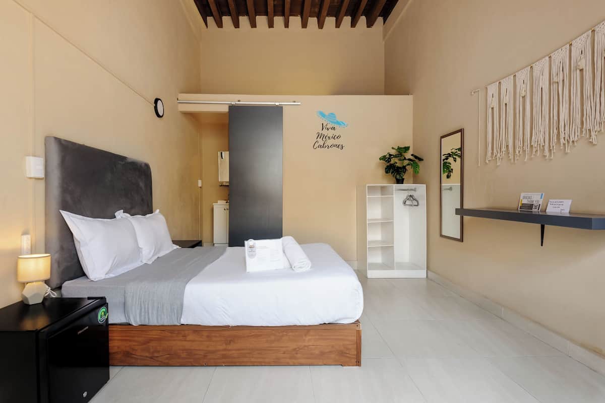 Habitación de hotel moderna con cama, mesita de noche, lámpara y estante en la pared con espejo y planta.