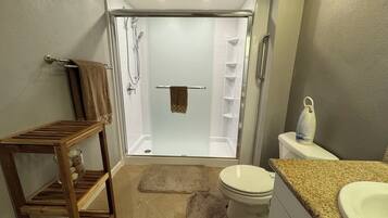 Hair dryer, towels, toilet paper