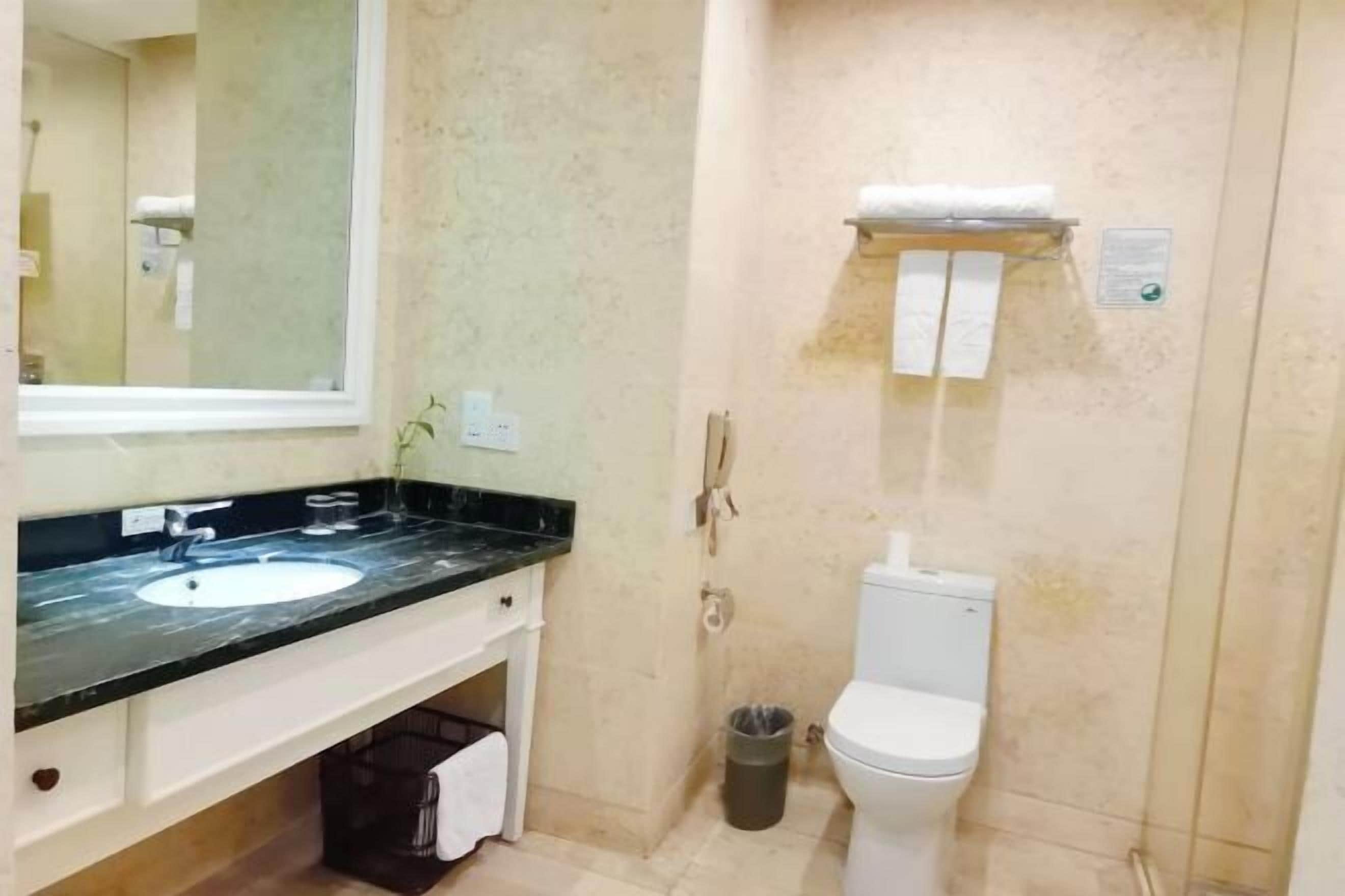 Ein Badezimmer mit Waschbecken, Spiegel, Toilette und Mülleimer.