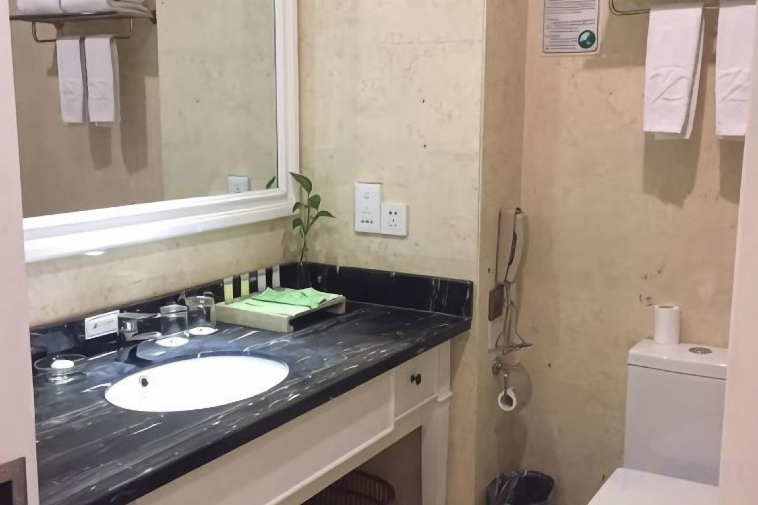 A bathroom with a sink, mirror, towel rack, and toilet.