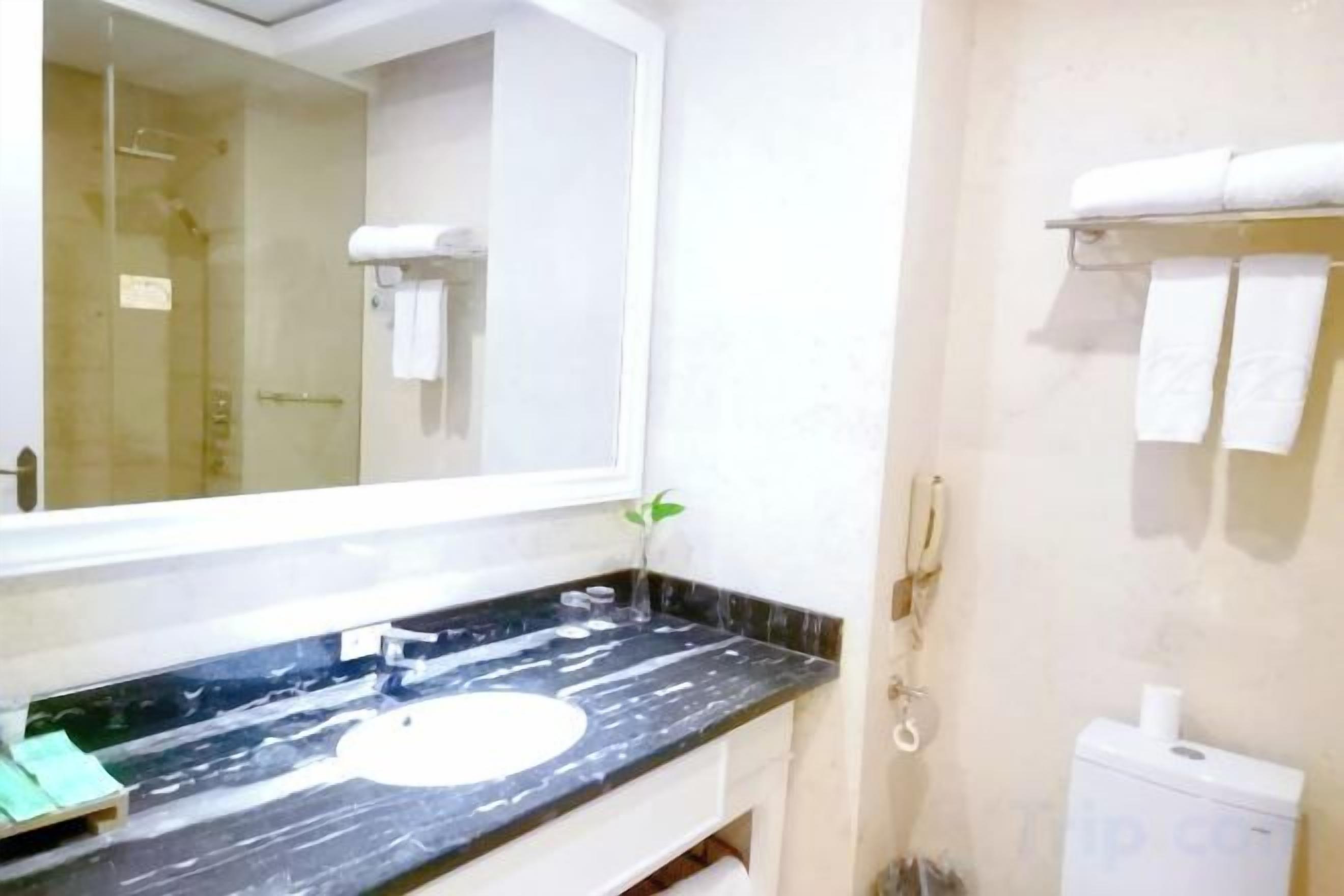 A bathroom with a large mirror, a black countertop, a toilet, and a towel rack.