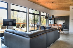 Smart TV, chimenea y estéreo