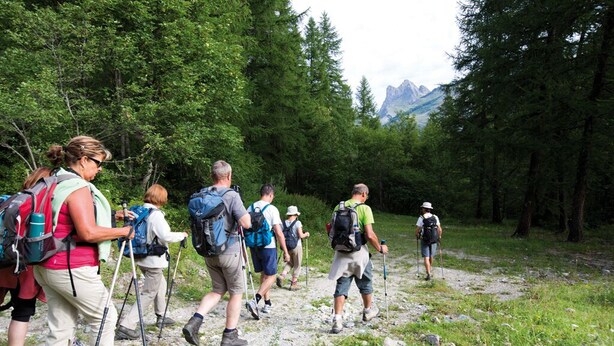 A group of hikers on a forest trail with mountains in the background. - Club Les Alpes Dazur (La Salle-les-Alpes)