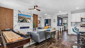 Smart TV, fireplace, video games, offices