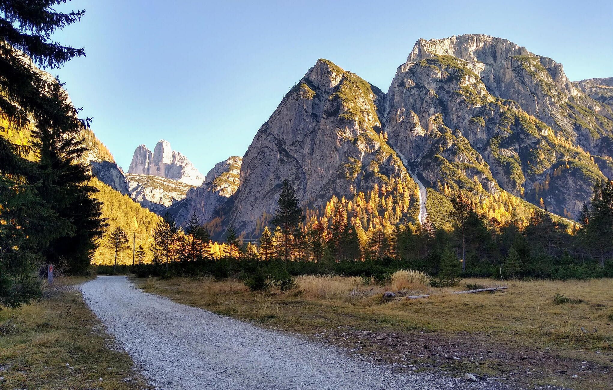 A gravel path leading through a mountainous area with dense forests and rocky cliffs.