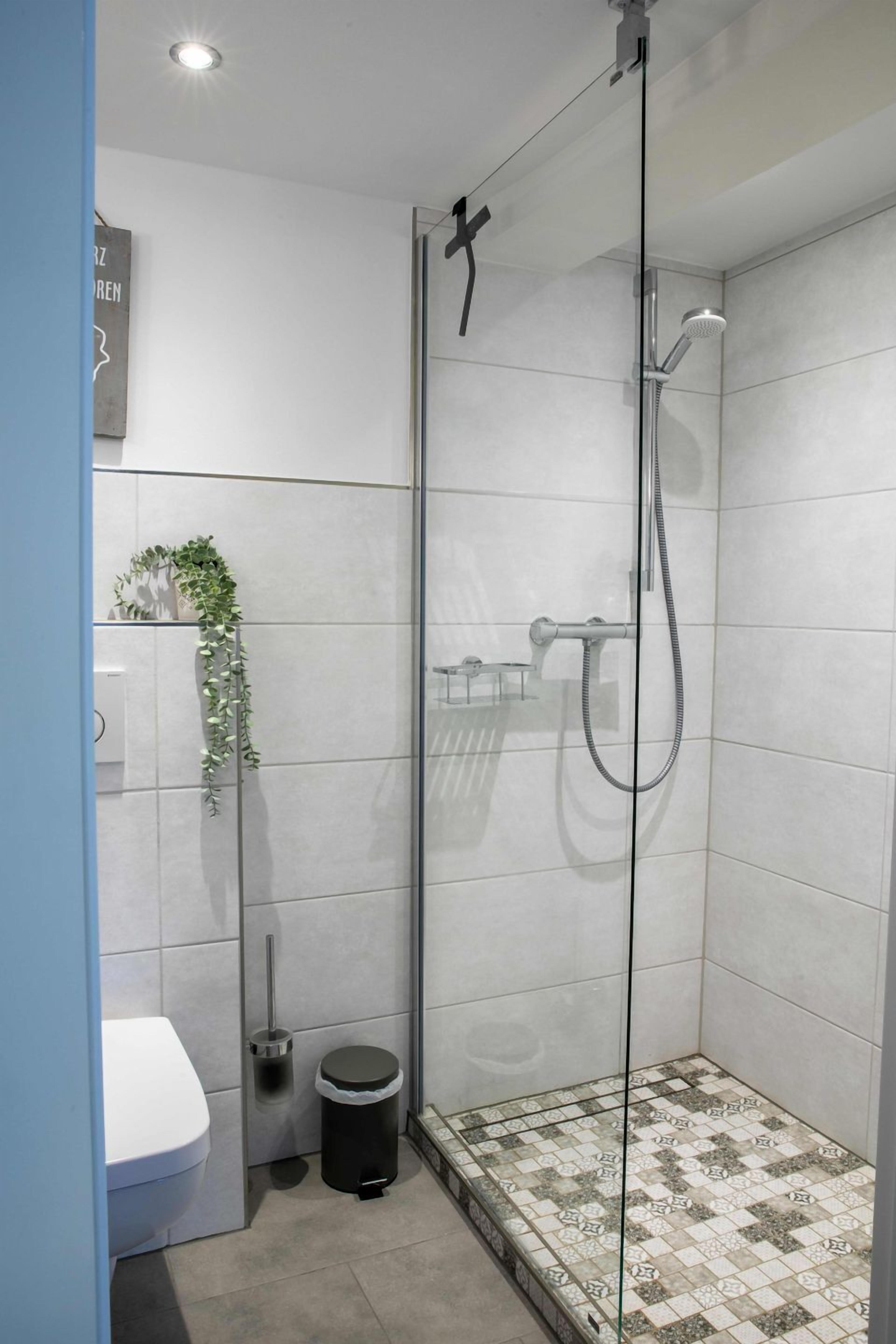 Ein modernes Badezimmer mit einer gläsernen Duschkabine, Toilette und Mülleimer.