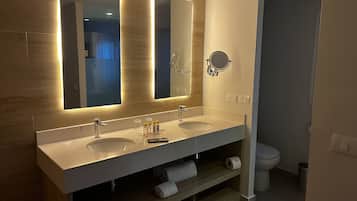Hair dryer, towels, soap, shampoo