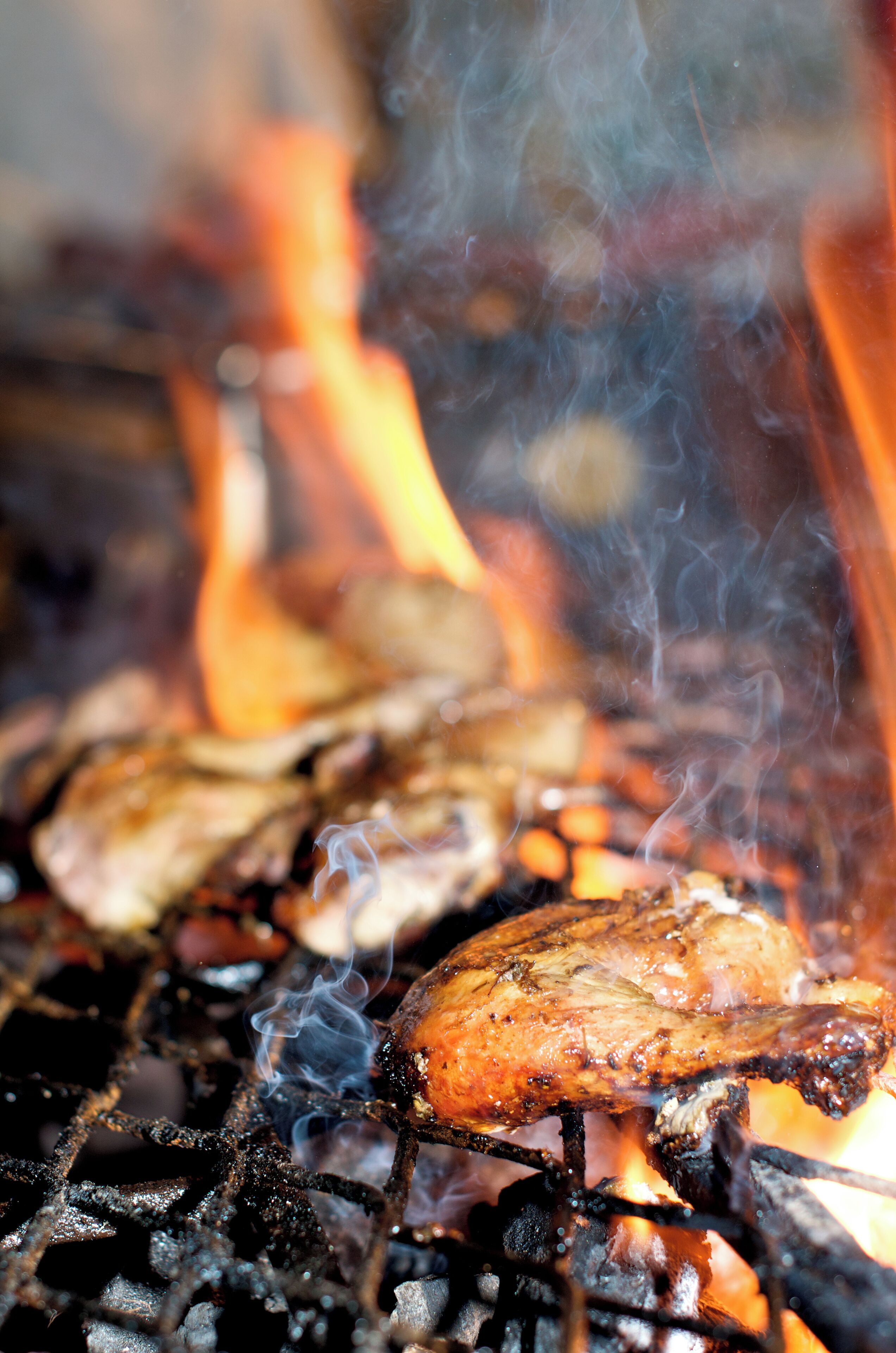 A close-up of a grill with meat cooking over flames.