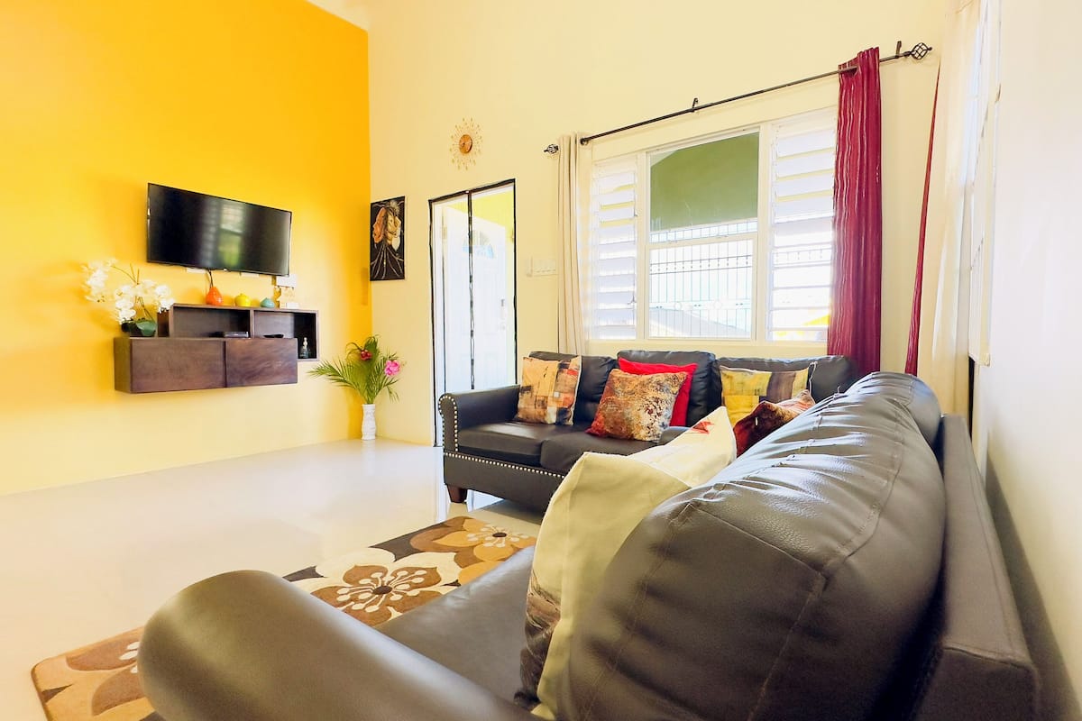Ein Wohnzimmer mit schwarzem Sofa, einem flachbildfernseher an der Wand, einem Fenster mit weißen Fensterläden und einer Vase mit Blumen auf dem Boden.