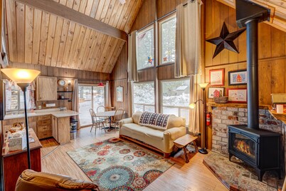 Dog-friendly 2-story cabin with loft, fireplace, board games, & wooded views