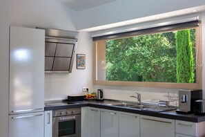 A modern kitchen with stainless steel appliances, a large window with a view of greenery, and a minimalist design.