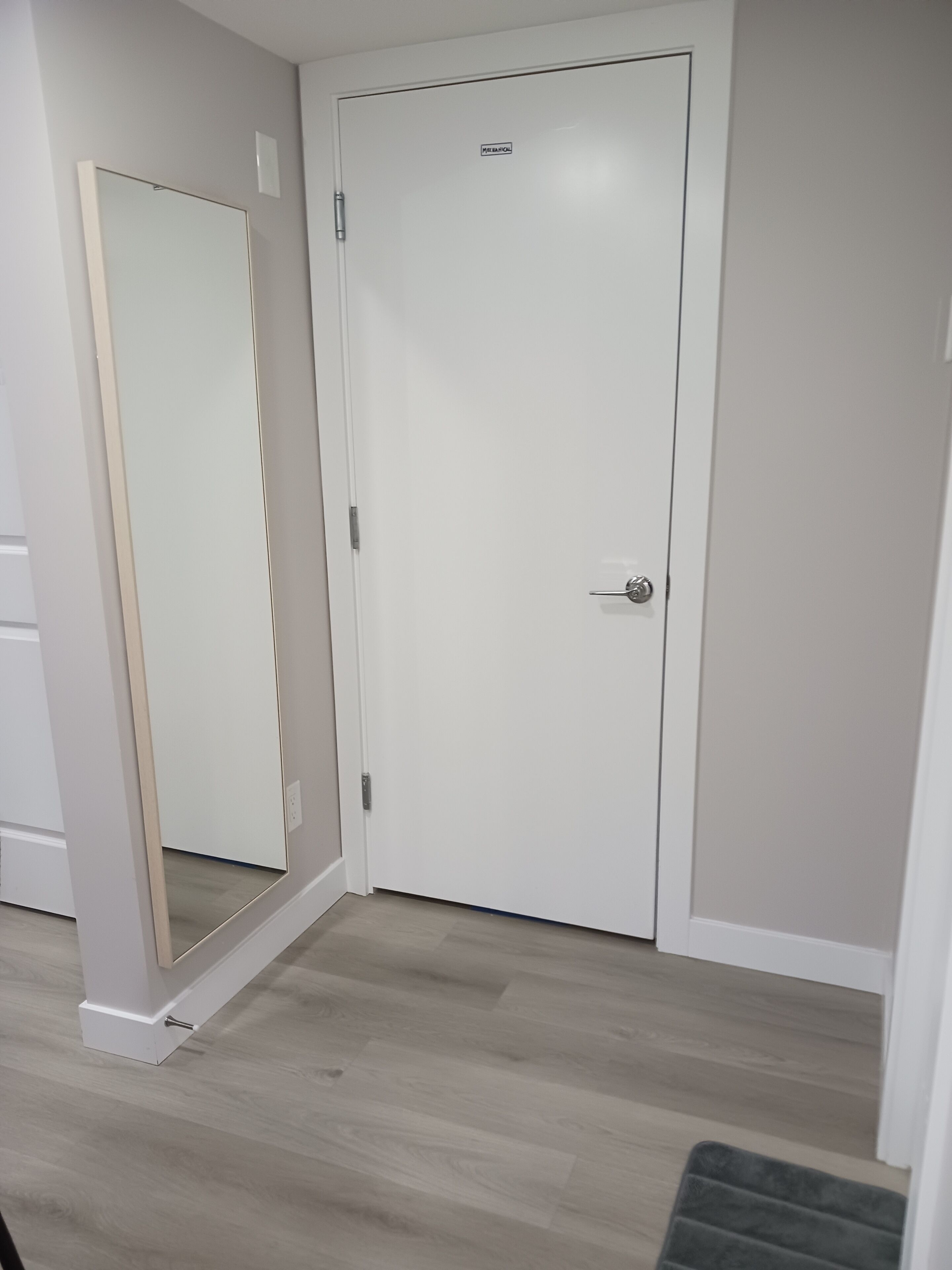 Une porte blanche avec une petite étiquette, un miroir sur le côté gauche et un plancher en bois de couleur claire.