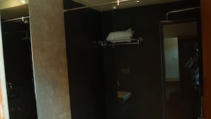 A modern bathroom with a large mirror, a toilet, a sink, and a shower area. - Hotel Glanton Manor (Ootacamund)