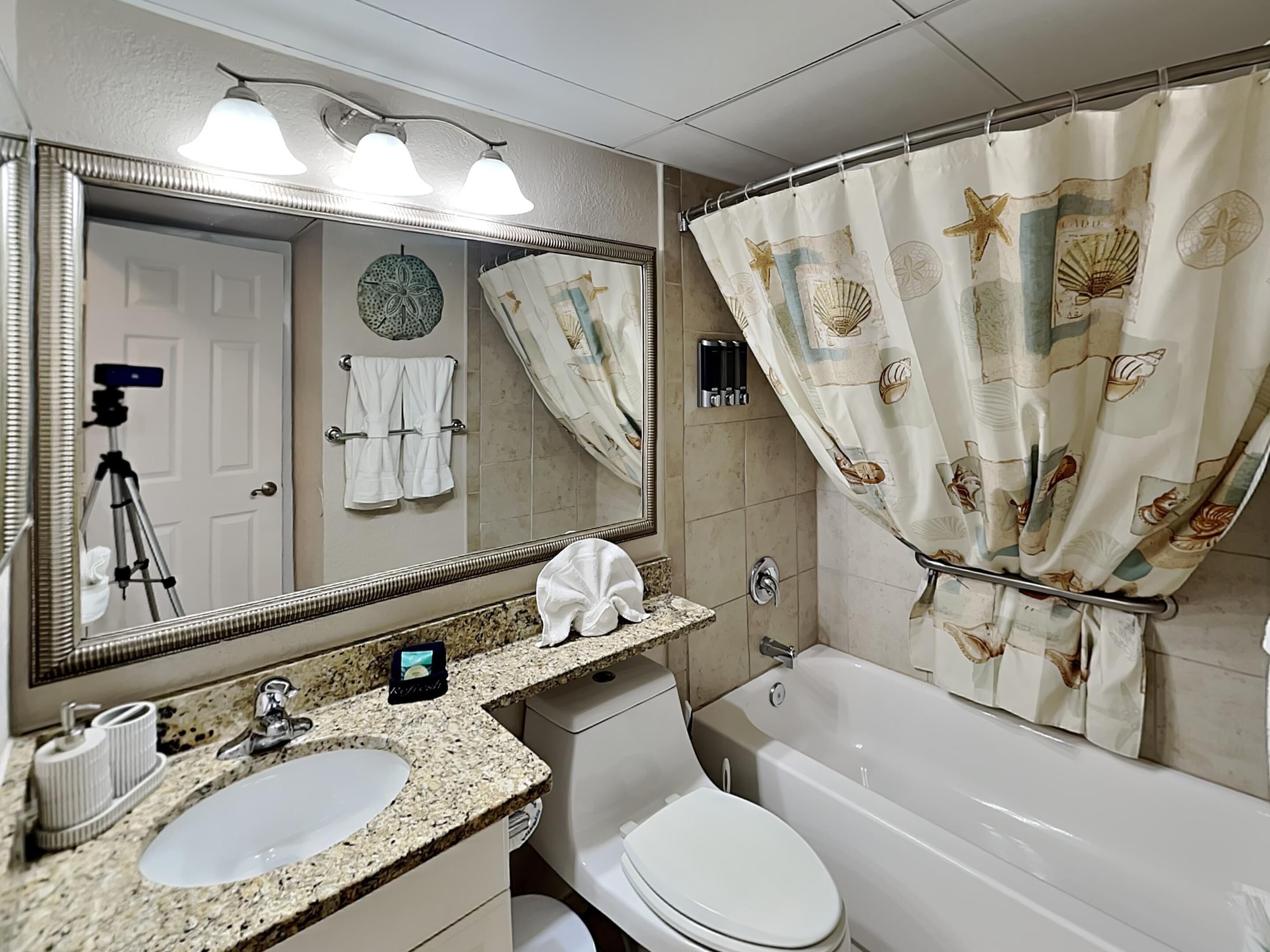 A bathroom with a sink, toilet, and bathtub. There is a large mirror above the sink, and a shower curtain with sea creature designs.