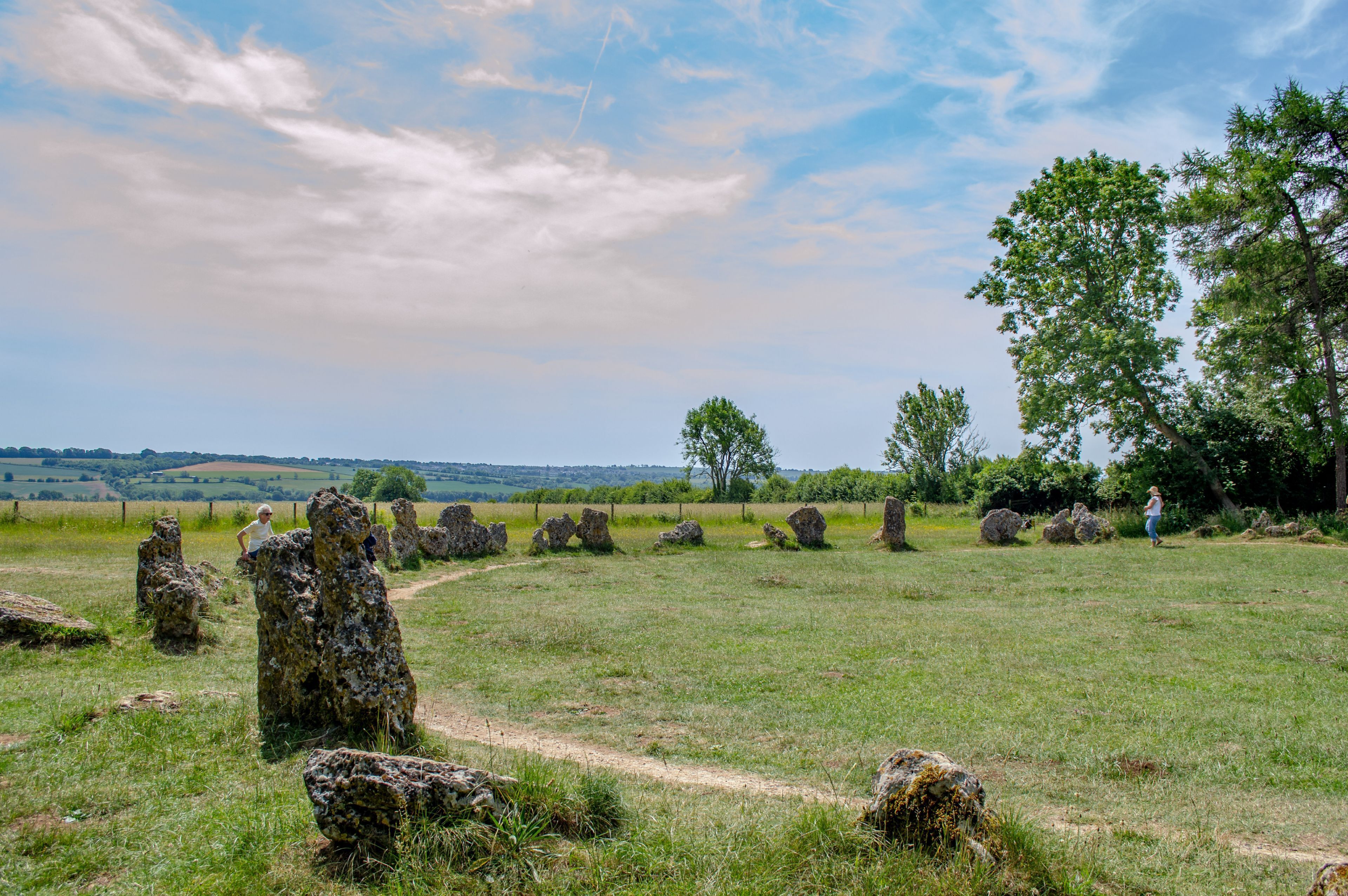 A field with standing stones and a clear sky.