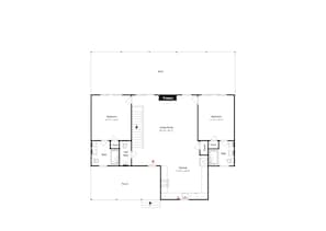 A floor plan of a house with a living room, two bedrooms, a kitchen, a bathroom, and a porch.