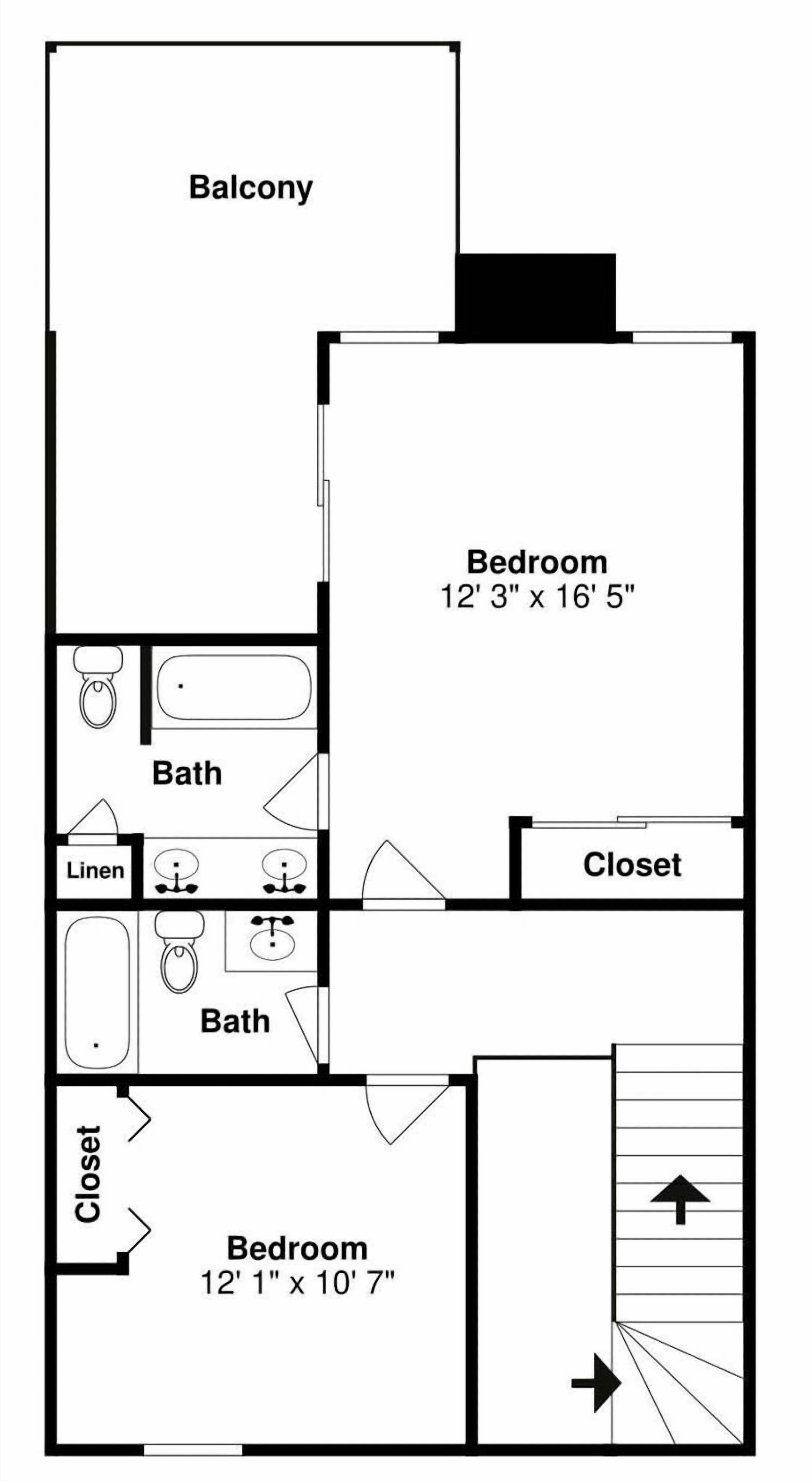 A floor plan with a balcony, two bedrooms, two bathrooms, and a closet.