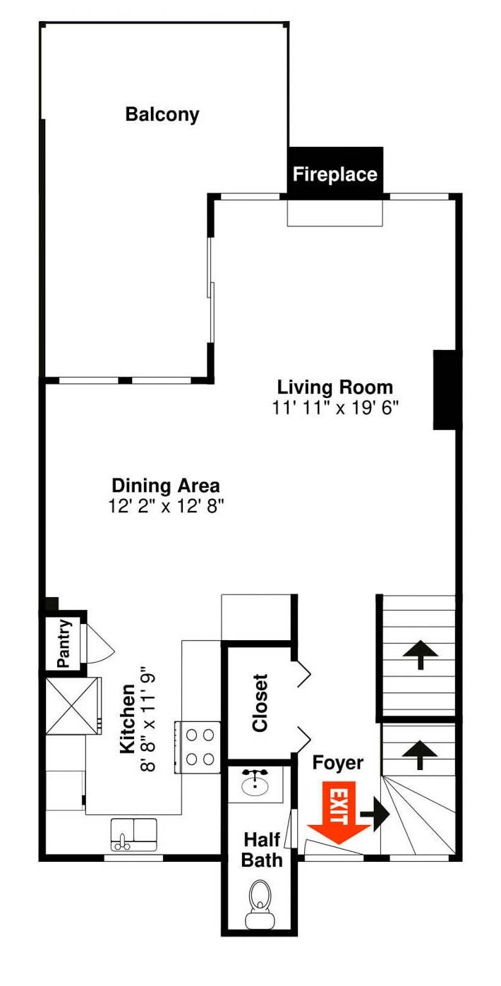Grundriss mit Balkon, Kamin, Wohnzimmer, Essbereich, Küche, Speisekammer, Abstellraum, Eingangsbereich und Gäste-WC.