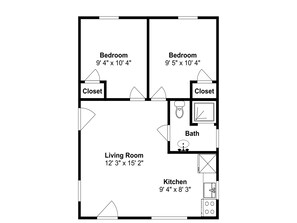 A floor plan with two bedrooms, a living room, a kitchen, and a bathroom. - Harbor Lights Cottages #3 by Miss Kitty’s (Fulton)