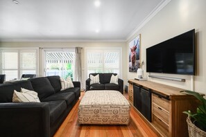 Smart TV, fireplace, DVD player, books