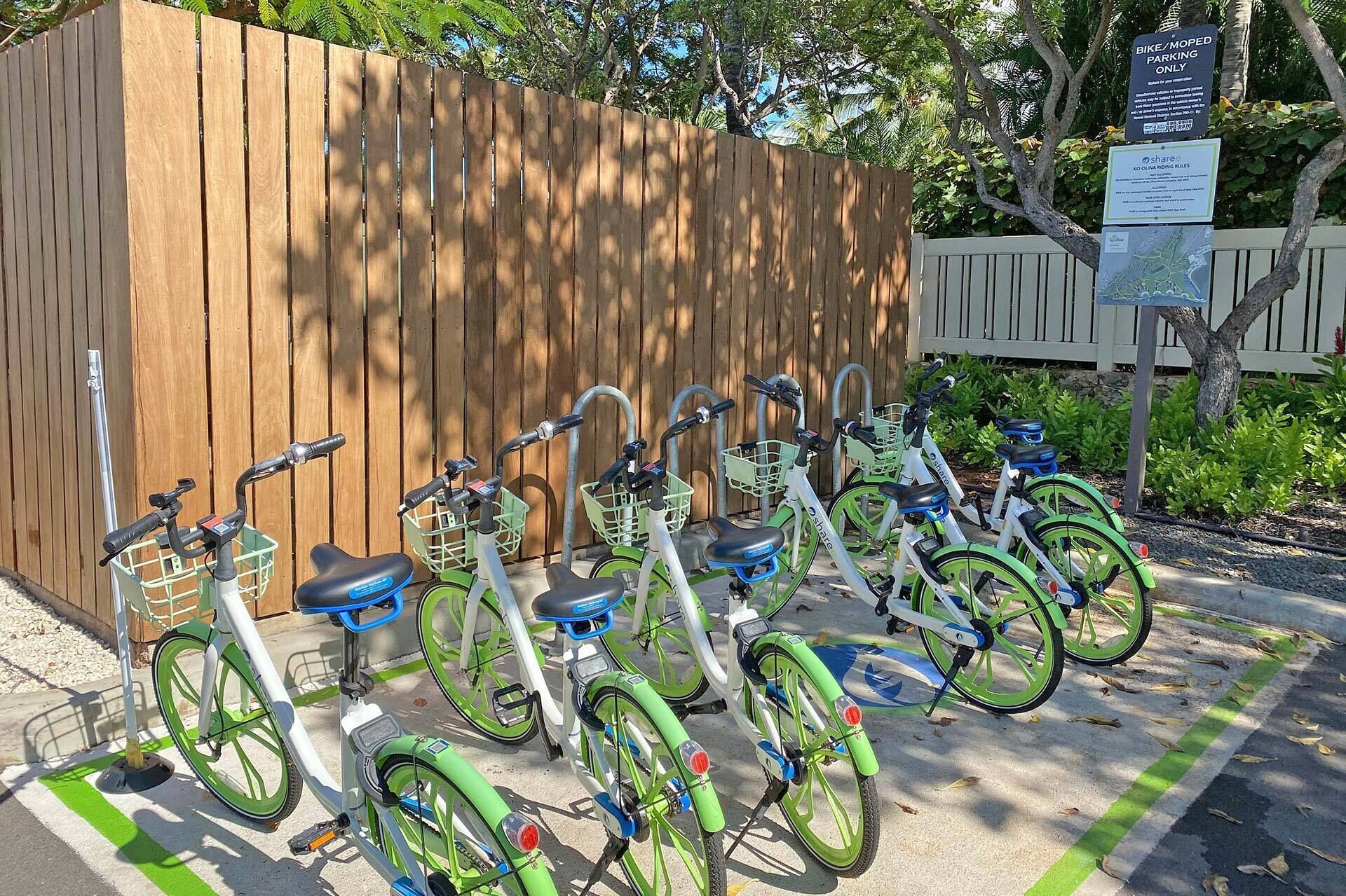 Eine Reihe von E-Bikes, abgestellt in einem dafür vorgesehenen Bereich, mit Holzzaun und Bäumen im Hintergrund.