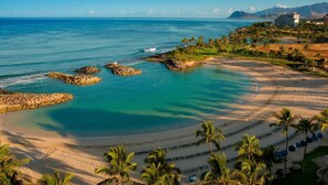 Une plage aux eaux d’un bleu limpide, parsemée de rochers et bordée de palmiers.