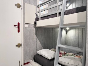 Une chambre avec un lit superposé, une échelle, une porte avec une poignée et un interrupteur.