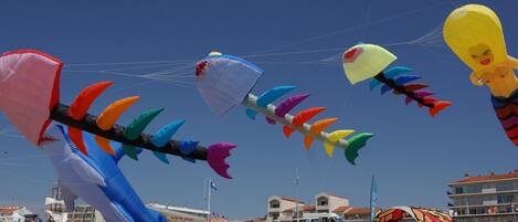 Una playa con cometas coloridas, una orilla arenosa y edificios al fondo.