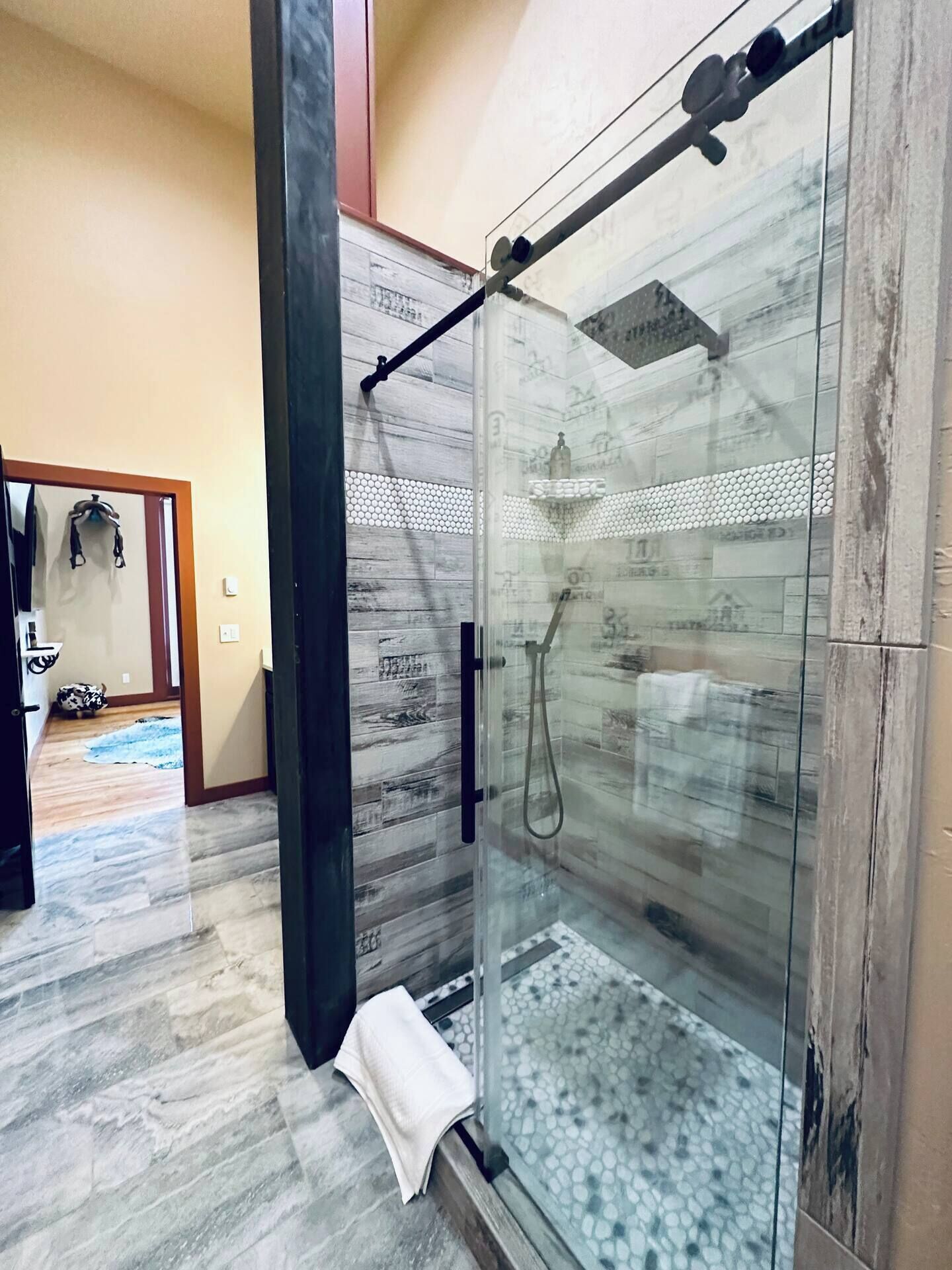 Rainfall showerhead, hair dryer, towels