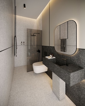 Shower, rainfall showerhead, designer toiletries, hair dryer