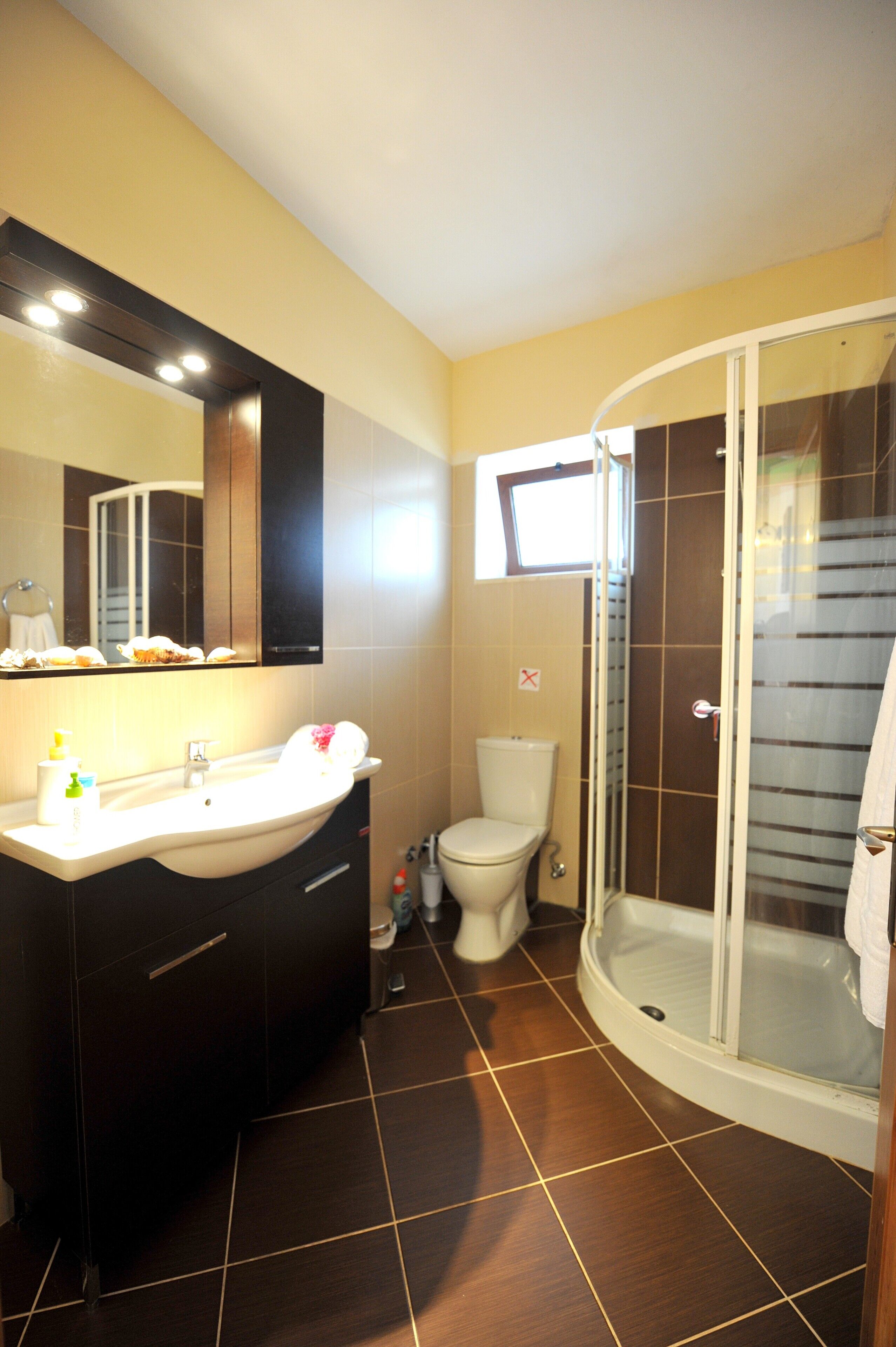 Shower, free toiletries, hair dryer, towels