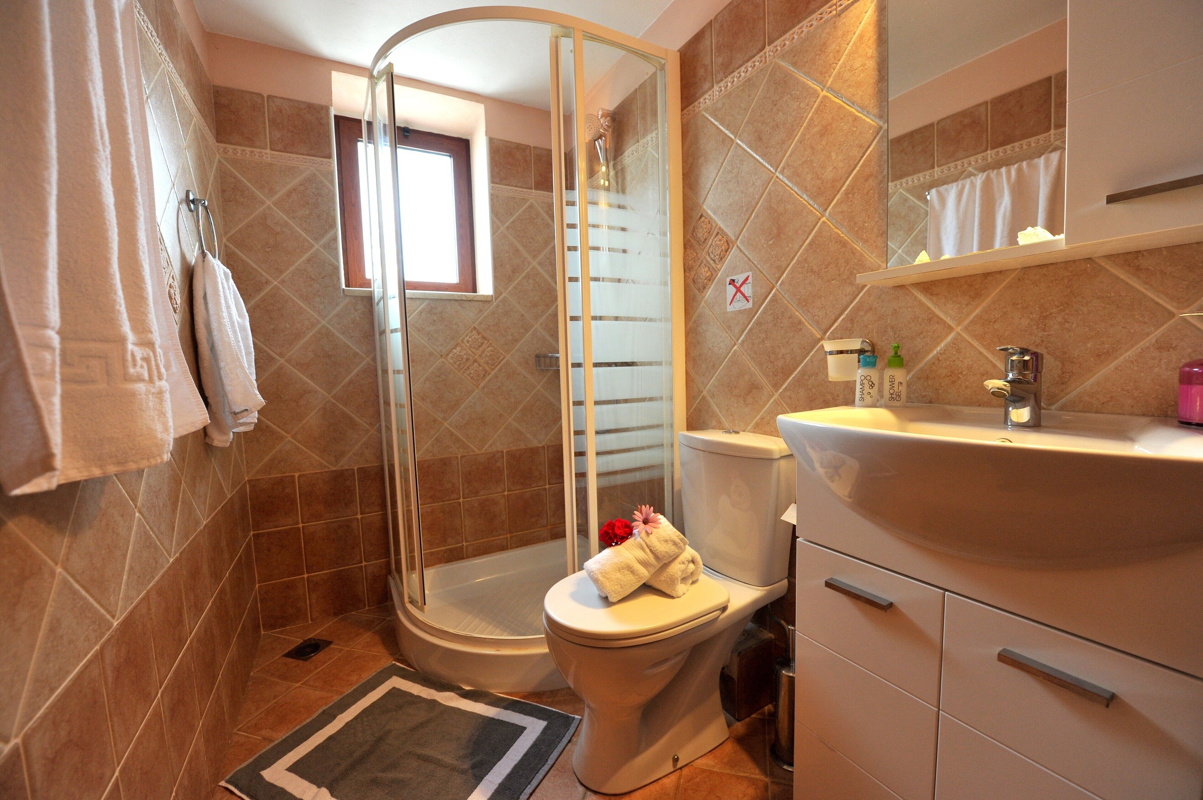 Shower, free toiletries, hair dryer, towels