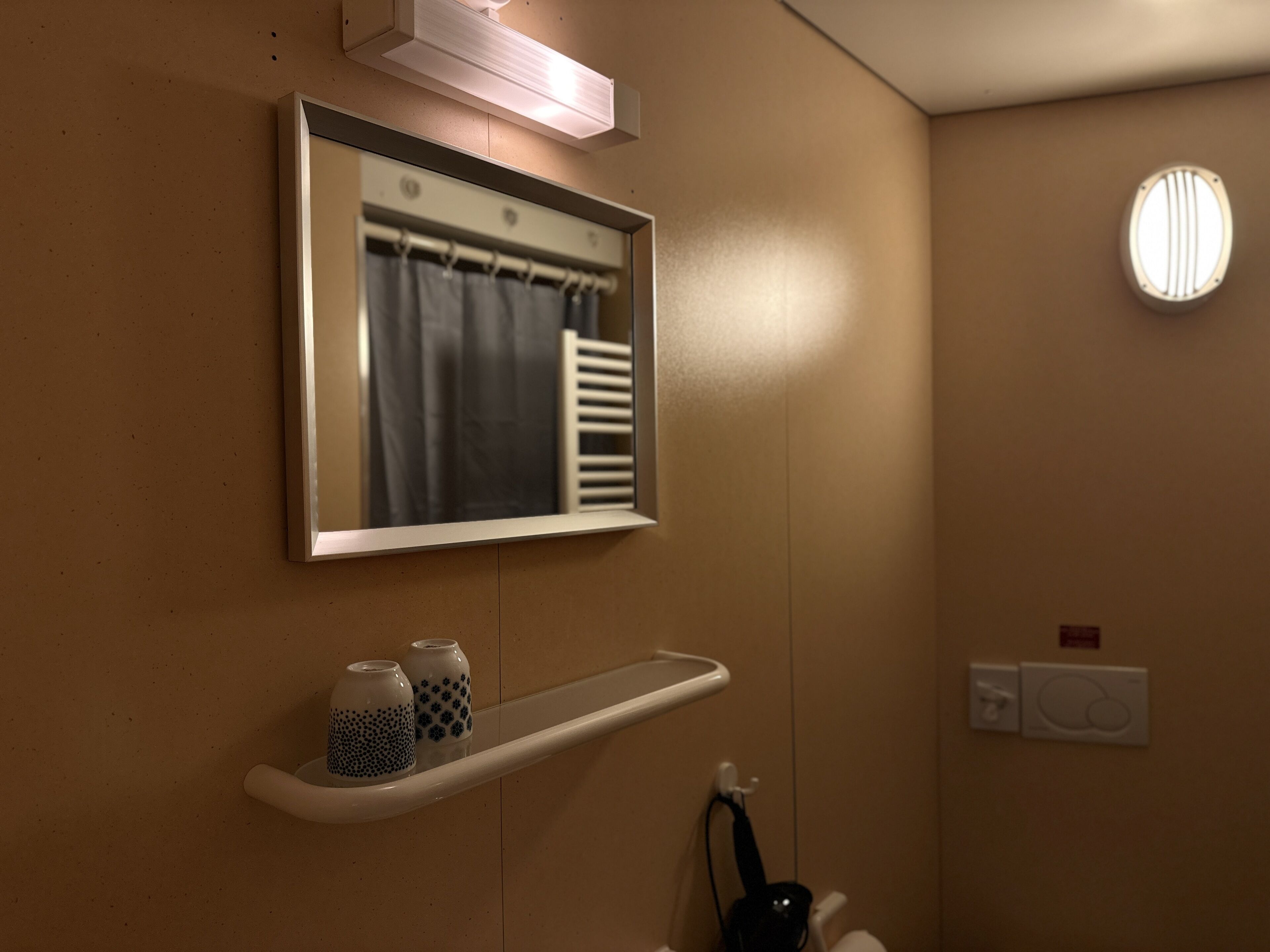 Ein Badezimmer mit Spiegel, Handtuchhalter, Ablagefläche mit dekorativen Gläsern und einer Leuchte.