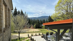 Un patio con mobiliario exterior y vistas a un viñedo y montañas.