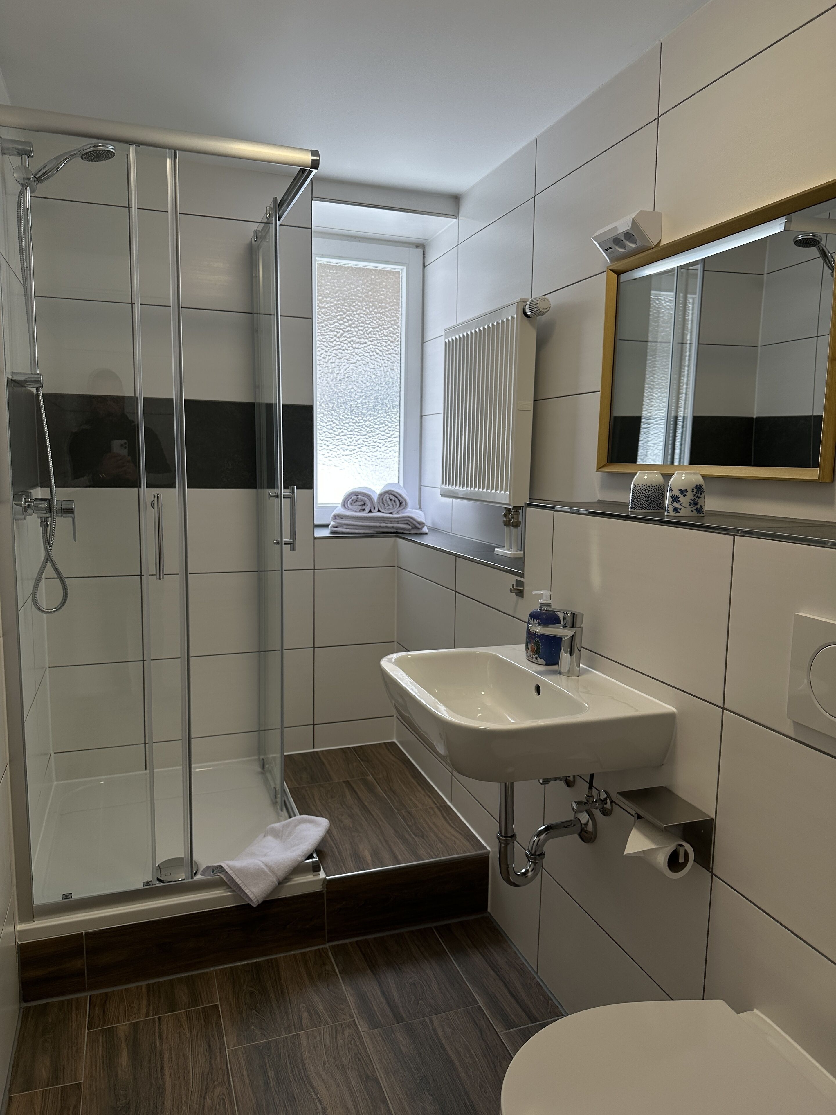 Ein modernes Badezimmer mit Duschkabine aus Glas, einem Waschbecken mit Spiegel darüber und einer Toilette.