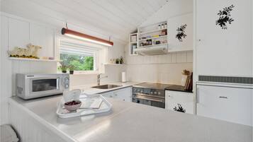 Fridge, stovetop, dishwasher, coffee/tea maker