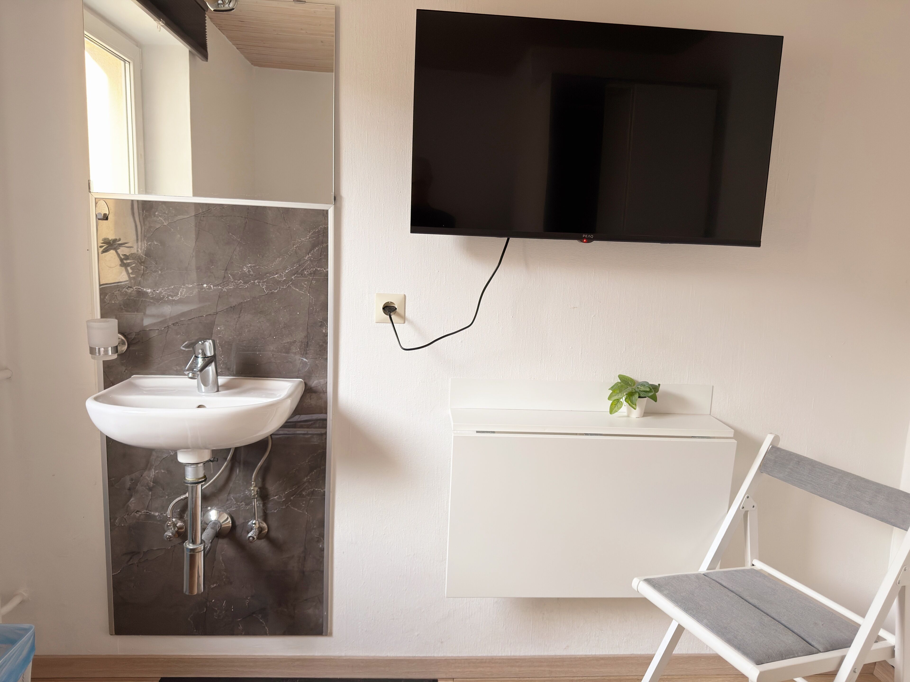 A modern bathroom with a white sink, a mirror, a shower, a flat-screen TV mounted on the wall, and a small potted plant on a white cabinet.