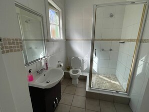 Regadera, toallas, jabón, shampoo 