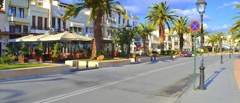 A street lined with palm trees and buildings, a clear sky, and a blue sign.