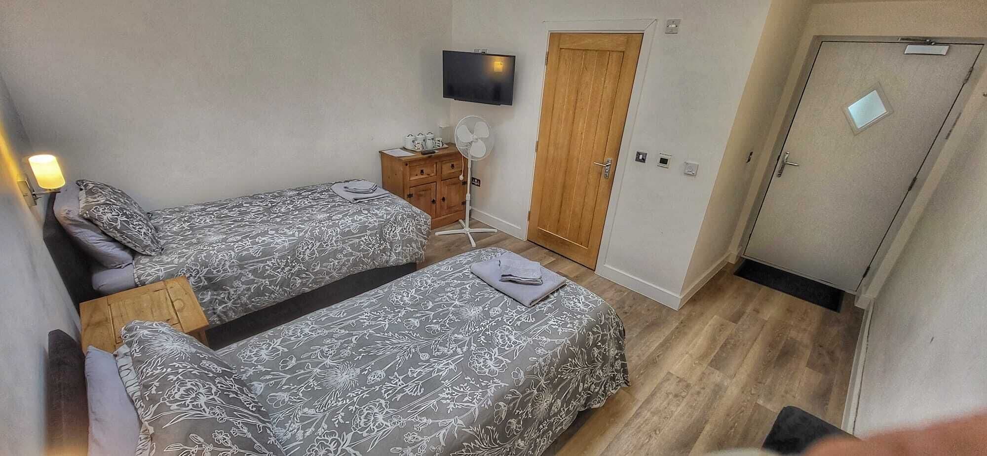 A bedroom with two beds, a TV, a fan, and a wardrobe.