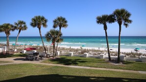 A beach view with palm trees, beach chairs, and umbrellas. - 427 El Matador 2 Bedroom Condo by RedAwning (Fort Walton Beach)