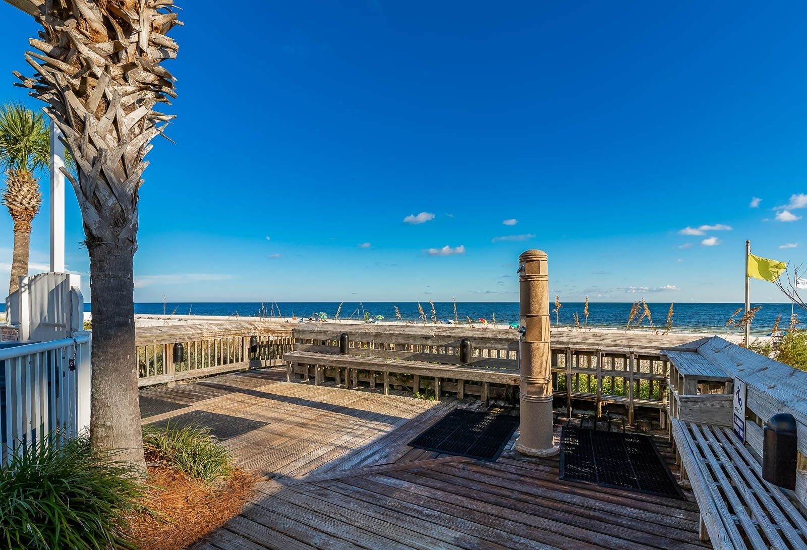 A wooden pier with a view of the ocean, a palm tree, and a flag.