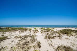 Une plage avec des dunes de sable et un ciel bleu dégagé.