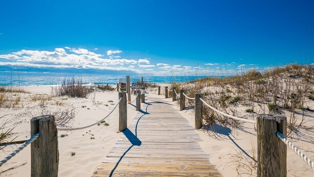 Un muelle de madera que lleva a una playa, con cielo despejado.